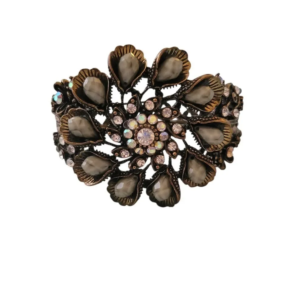 Floral Statement Cuff Bracelet - Brass & Gold Tones With Green Stones